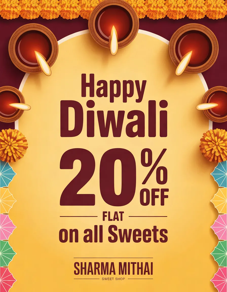 Diwali offer poster for Sharma Mithai sweet shop with glowing diyas, marigolds and "Flat 20% OFF on all sweets"
