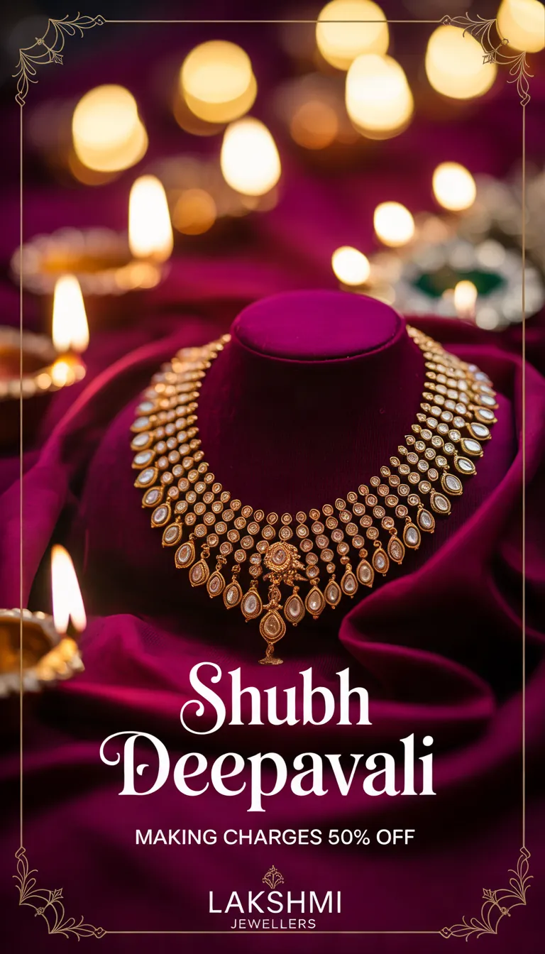 Diwali WhatsApp status for Lakshmi Jewellers: a gold necklace on maroon velvet with diyas and "Shubh Deepavali"