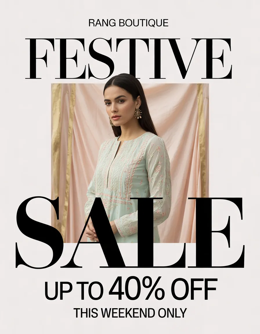 "Festive Sale – Up to 40% OFF" poster for Rang Boutique with a model in a pastel embroidered kurta