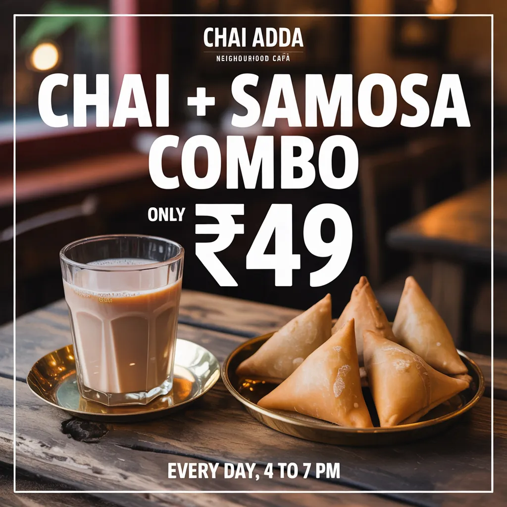 Chai Adda café poster: cutting chai and samosas, "Chai + Samosa Combo, only ₹49"