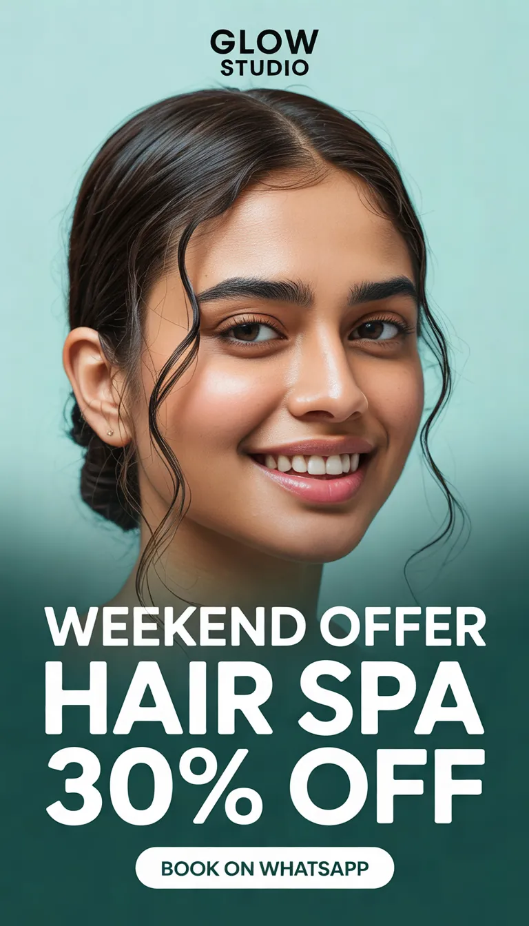 Glow Studio salon WhatsApp status: "Weekend Offer – Hair Spa 30% OFF"