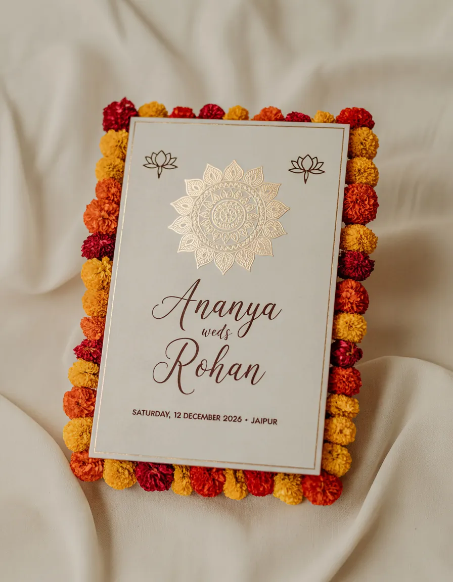 Ivory wedding invitation with a gold mandala and marigold border: "Ananya weds Rohan, 12 December 2026, Jaipur"