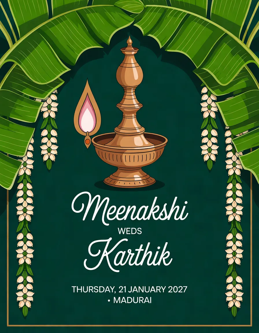 South Indian wedding invitation with a brass lamp, banana leaves and jasmine: "Meenakshi weds Karthik, Madurai"