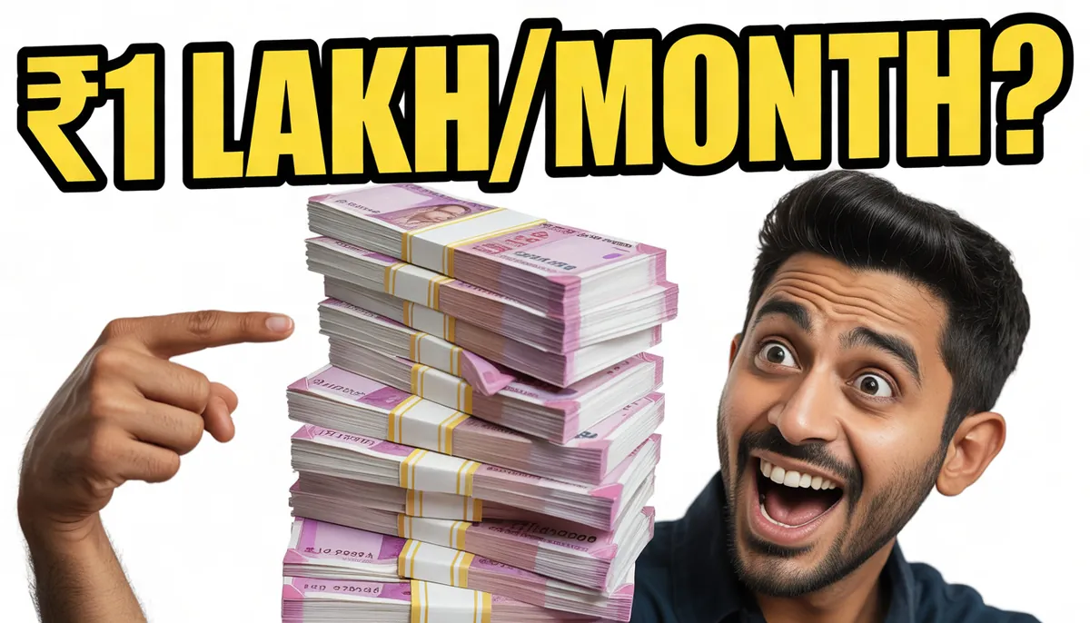 YouTube thumbnail: an excited man pointing at a stack of rupee notes, "₹1 LAKH/MONTH?"