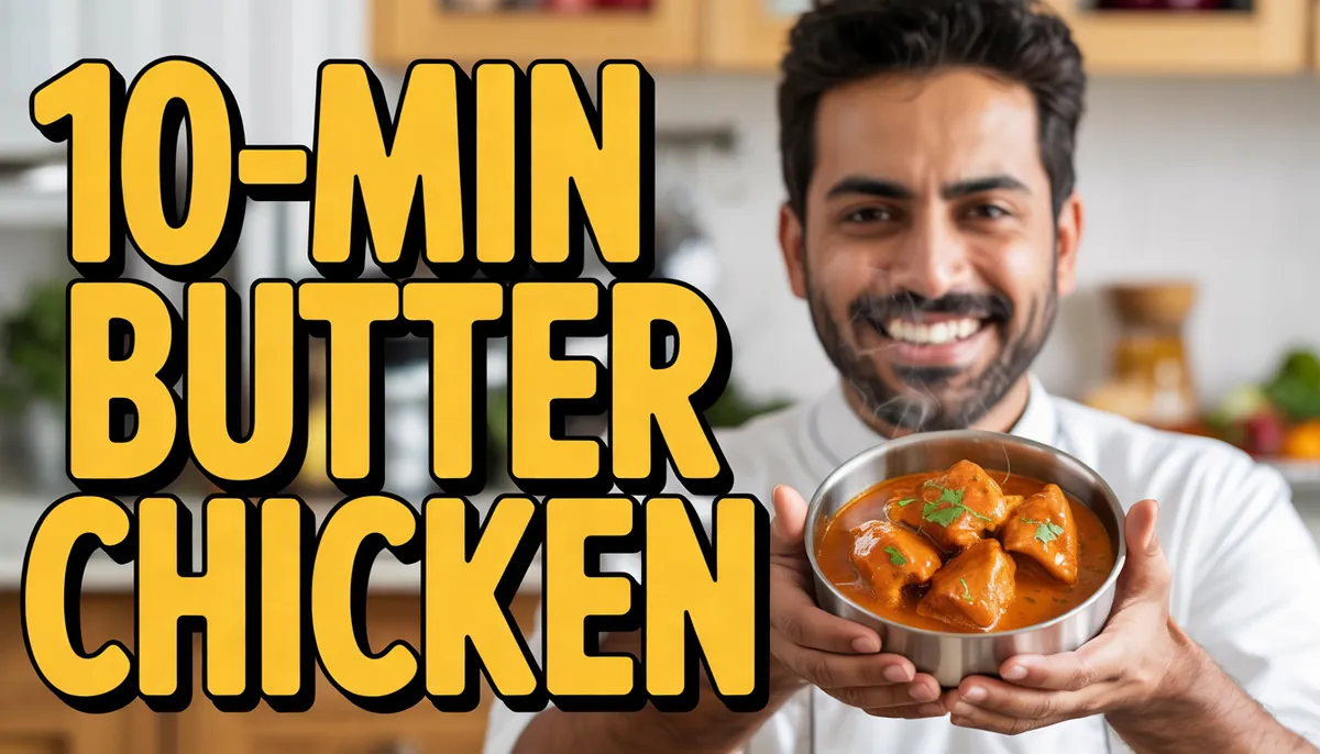 Cooking-channel thumbnail: a smiling chef holding butter chicken, "10-MIN BUTTER CHICKEN"